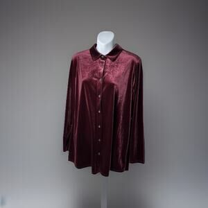 Vintage Lands End Velvet Burgundy Button Front Tunic Women M 10-12 Stretch Comfy